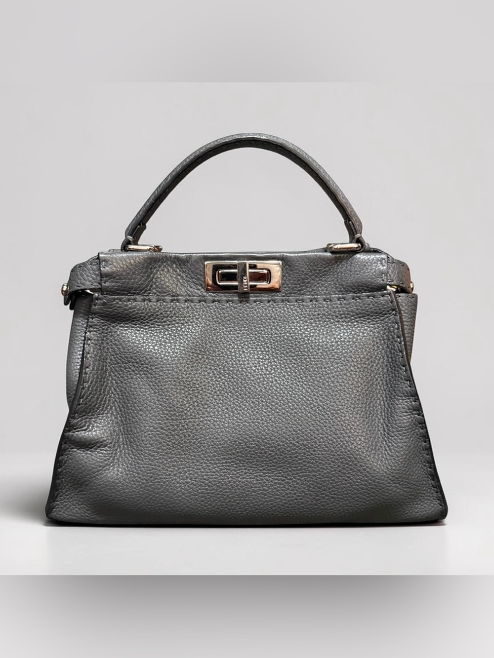 Fendi Peekaboo Medium Metallic Gray Leather Top Handdle Bag Silver Hardware